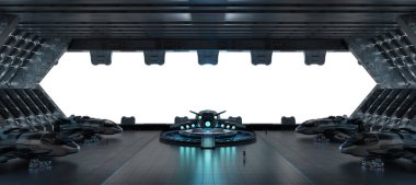 Beyaz arka plan üzerinde 3d render izole büyük blueish iniş pisti uzay gemisi iç