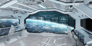 Beyaz uzay gemisi uzayda kontrol paneli dijital ekranlarıyla 3B görüntüleme