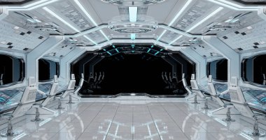 Siyah arka plan 3d render ile beyaz temiz uzay gemisi iç