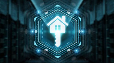 3d Render mavi arka plan üzerinde izole Emlak dijital arabirimi