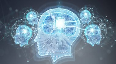 Yapay zeka dijital beyin gri arka planda 3d render