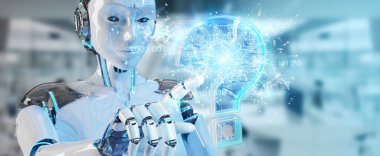 Cyborg bulanık arka plan dijital soru işaretleri 3d render ile sorun çözme