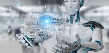 Cyborg tel kafes sanal 3d dijital projeksiyon bir Engine kullanarak arka plan bulanık üzerinde