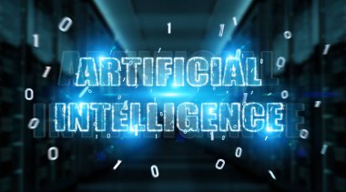 Dijital yapay zeka metin hologram üzerinde mavi sunucu arka plan 3d render