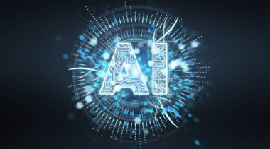 Dijital yapay zeka metin hologram mavi gri arka planda 3d render