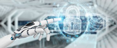Onun veriler dijital güvenlik hologram 3d render ile koruma arka plan bulanık beyaz cyborg el