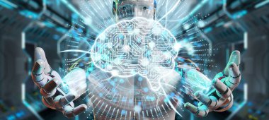 Dijital yapay zeka simgesi hologram 3B oluşturmayı kullanarak bulanık arka plan üzerinde beyaz insanımsı