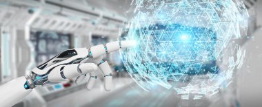 Beyaz robot el dijital üçgen küre hologram 3d render patlayan kullanarak arka plan bulanık üzerinde