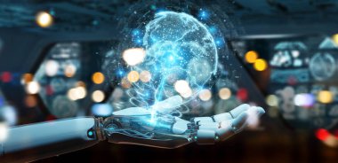 Dünya ağ hologram Amerika ABD harita 3d render ile kullanarak arka plan bulanık beyaz robot el