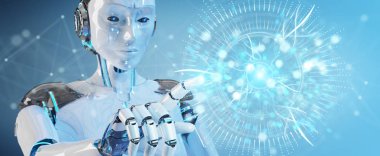 Dünya ağ hologram Amerika ABD harita 3d render ile kullanarak arka plan bulanık beyaz robot kadına