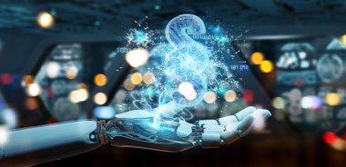 Cyborg Yargıç 3d işleme dijital paragraf hukuk simgesini kullanarak arka plan bulanık üzerinde