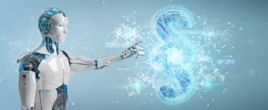 Cyborg Yargıç 3d işleme dijital paragraf hukuk simgesini kullanarak arka plan bulanık üzerinde