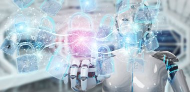 Arka plan bulanık 3d render robot tarafından kullanılan web güvenlik koruma arayüzü