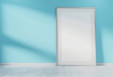 Ahşap iç 3d render mavi bir duvara yaslanmış büyük dikey çerçeve