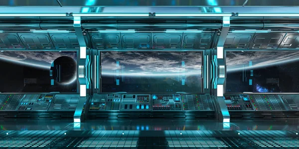 蓝色宇宙飞船内部控制面板站3D — 图库照片