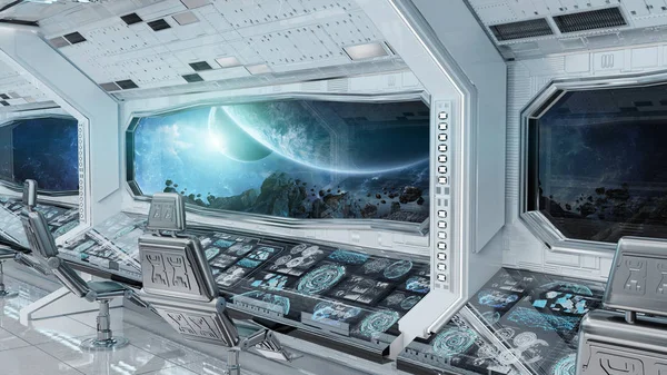 Biały Czysty Statek Kosmiczny Wnętrza Widokiem Odległych Planetach Systemu Renderowania — Zdjęcie stockowe