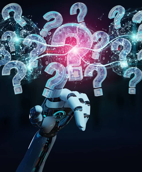 Cyborg Blurred Background Solving Problem Digital Question Marks Rendering — Stock Photo, Image