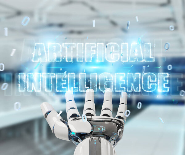 White cyborg hand on blurred background using digital artificial intelligence text hologram 3D rendering