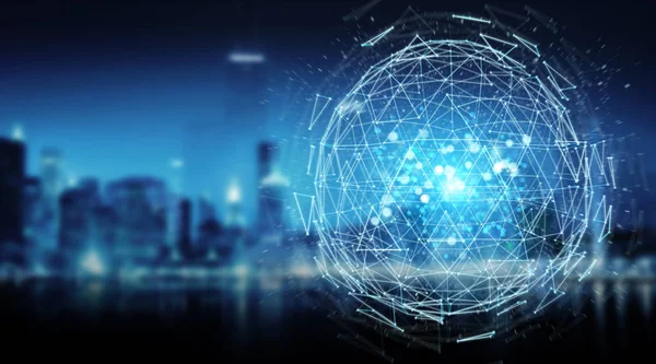 Digital Triangle Exploding Sphere Hologram Blue City Background Rendering — Stok Foto