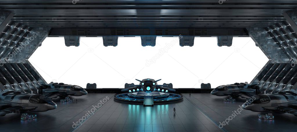 Huge blueish landing strip spaceship interior isolated on white background 3D rendering