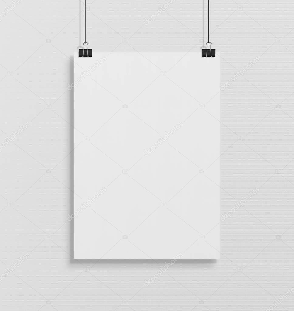 Blank white poster hanging up with in front of white wall clips mockup