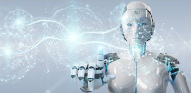 Beyaz kadın insanımsı dijital küresel ağ 3B oluşturmayı kullanarak arka plan bulanık üzerinde