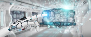 Beyaz insansı el dijital küresel ağ 3B oluşturmayı kullanarak arka plan bulanık üzerinde