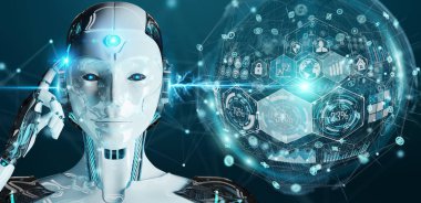 Dijital grafik arabirimi 3d rendering kullanarak bulanık arka plan üzerinde beyaz kadın cyborg