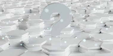 Beyaz soyut soru simgesi altıgenler arka planda 3d render