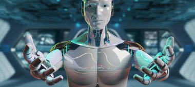 Onun iki açılış beyaz erkek robot uzay arka plan 3d render eller