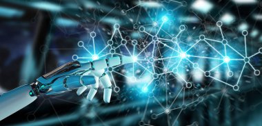 Beyaz cyborg el dijital ağ bağlantısı 3B oluşturmayı kullanarak arka plan bulanık üzerinde