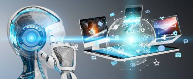 Bağlanan cihazların birlikte 3d render bulanık arka plan üzerinde beyaz cyborg