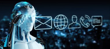 İnce çizgi iletişim simgesini kullanarak arka plan bulanık üzerinde beyaz cyborg