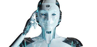 Düşünme ve beyaz arka plan üzerinde 3d render izole kafasını dokunmadan beyaz kadın cyborg