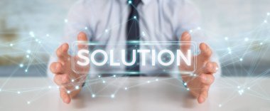 İşadamı çözüm dijital metin 3d rendering kullanarak arka plan bulanık üzerinde