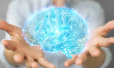 İşkadını Dijital 3d projeksiyon insan beyninin 3B oluşturmayı kullanarak arka plan bulanık üzerinde