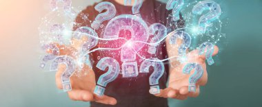 İşadamı bulanık arka plan dijital soru işaretleri 3d render ile sorun çözme