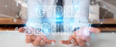 Siber Güvenlik metin hologram 3B oluşturmayı kullanarak arka plan bulanık üzerinde işadamı