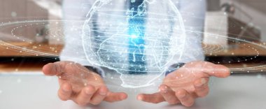 İşadamı üzerinde küre ağ hologram Avrupa ile harita 3B oluşturmayı kullanarak arka plan bulanık