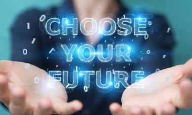 İşkadını gelecek metin arabirimi 3d rendering kullanarak arka plan bulanık üzerinde