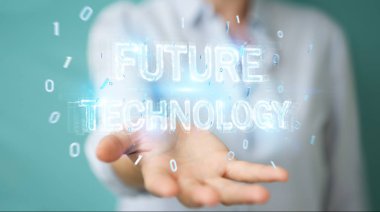 İşkadını geleceğin teknolojisi metin arabirimi 3d rendering kullanarak arka plan bulanık üzerinde