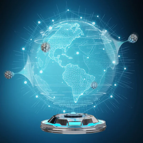 Globe network hologram projector with digital connection on blue background 3D rendering