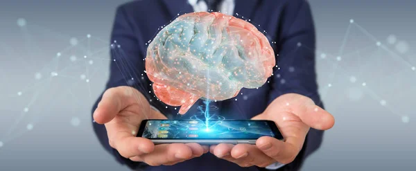 Empresario Que Utiliza Proyección Digital Cerebro Humano Con Renderizado Del — Foto de Stock