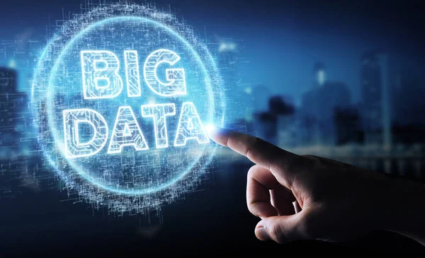 Uomo Affari Sfondo Sfocato Utilizzando Rendering Ologramma Digitale Big Data — Foto Stock