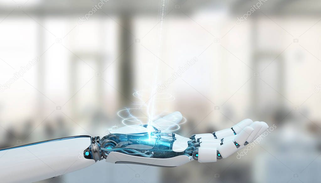 White cyborg opening his hand on spaceship background 3D rendering