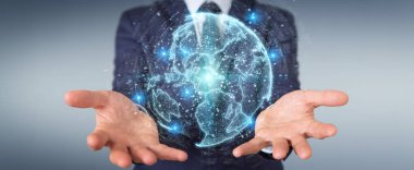 İşadamı üzerinde küre ağ hologram Amerika ABD harita 3d render ile kullanarak arka plan bulanık