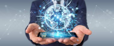 İşadamı üzerinde küre ağ hologram Amerika ABD harita 3d render ile kullanarak arka plan bulanık