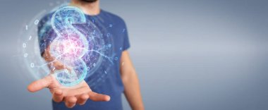 İşadamı 3d işleme dijital paragraf hukuk simgesini kullanarak arka plan bulanık üzerinde