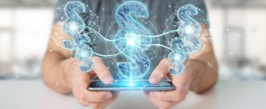 İşadamı 3d işleme dijital paragraf ile cep telefonu hukuk simgesini kullanarak arka plan bulanık üzerinde