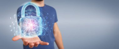 Arka plan bulanık 3d render üzerinde işadamı tarafından kullanılan web güvenlik koruma arayüzü